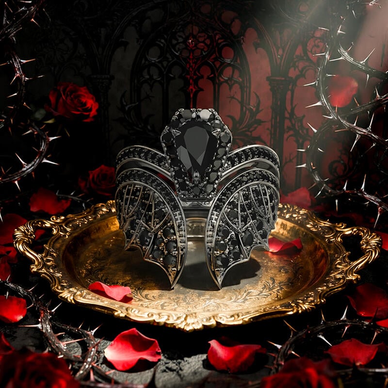 Black Bat Coffin Engagement Ring Set