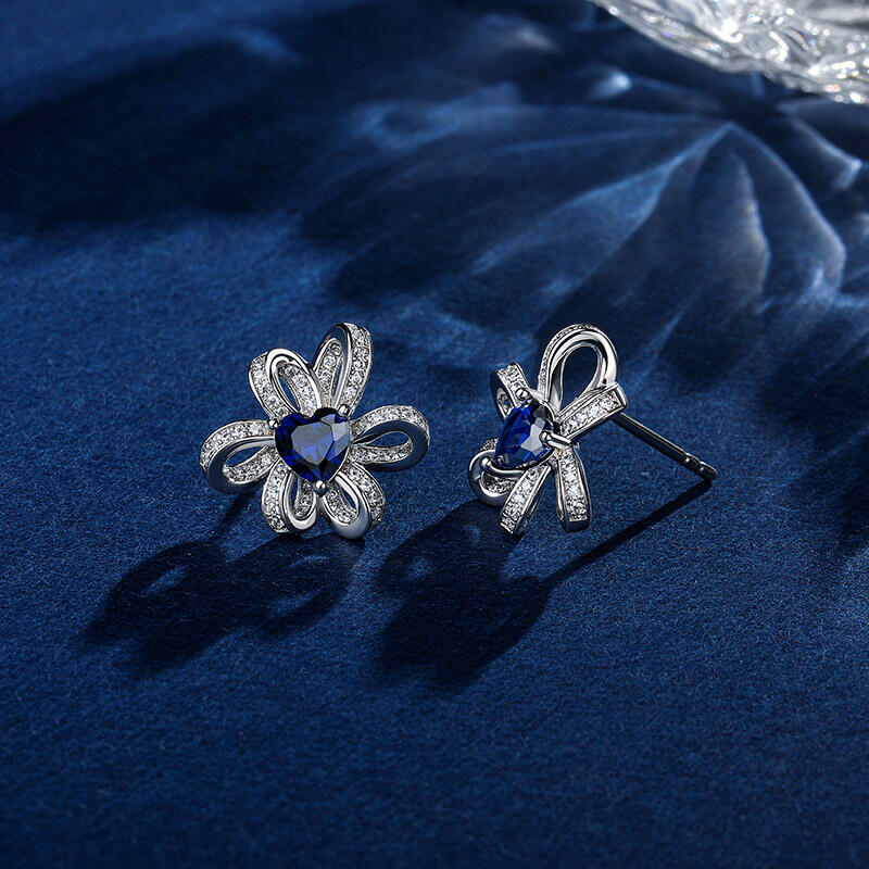 Blue Heart Cut Stone Love Knot Stud Earrings