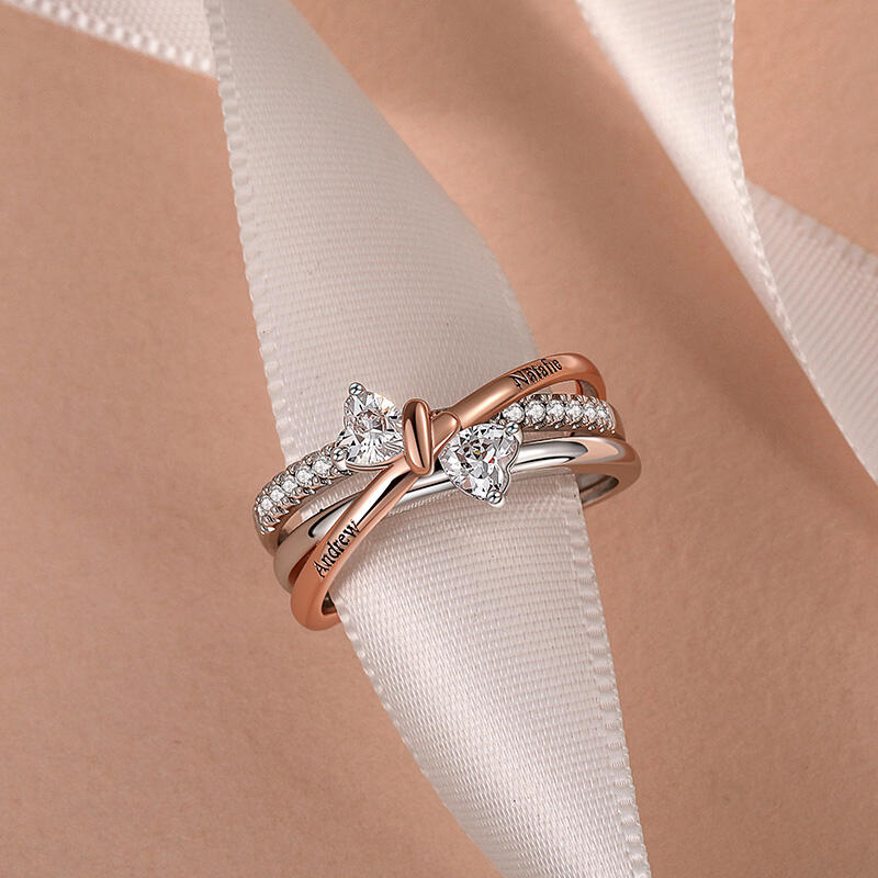 Bow Engraved 2 Hearts Promise Ring with Birthstone