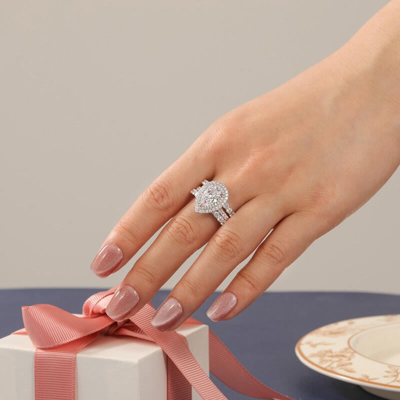 Double Halo Pear Engagement Ring Set