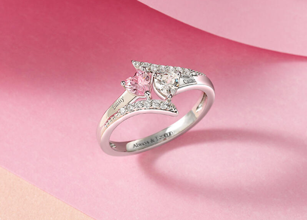 Double Heart Promise Ring with Engraving and Birthstone