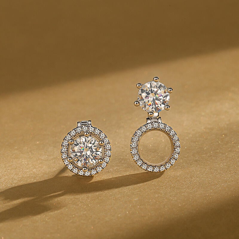 Dual Wear Round Halo Moissanite Stud Earrings