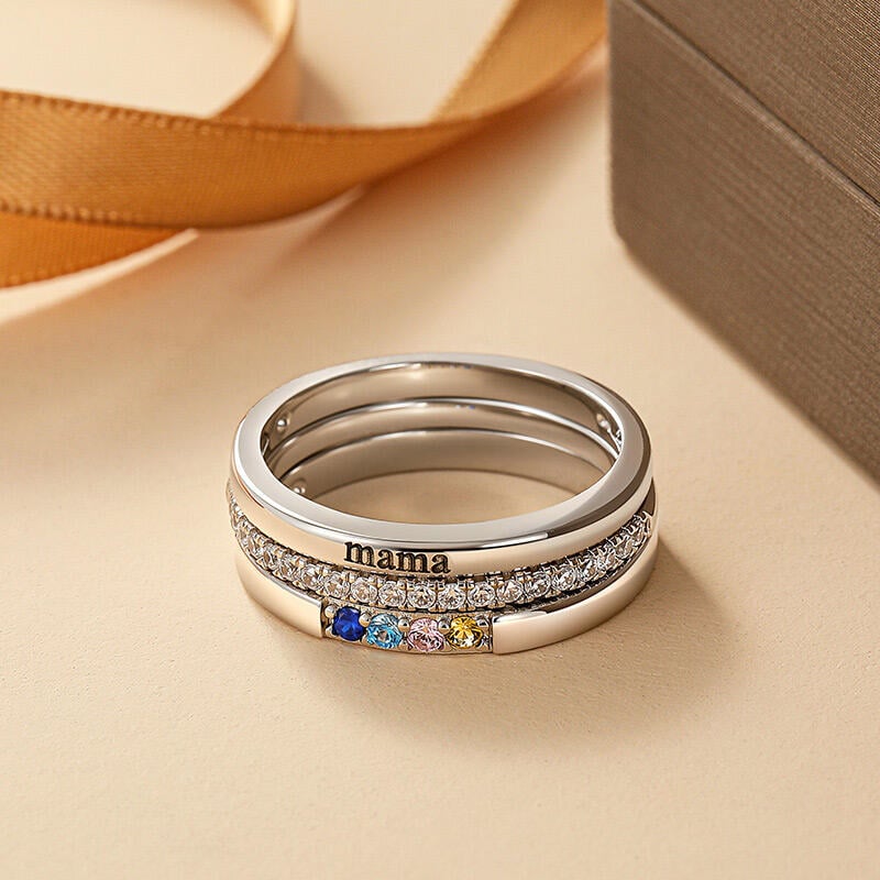 Engraved Name Four Birthstone Ring Set