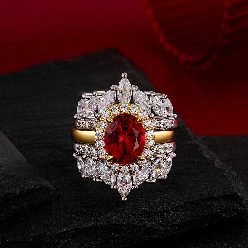 Gorgeous Halo Oval Cut Red Stone Ring Set