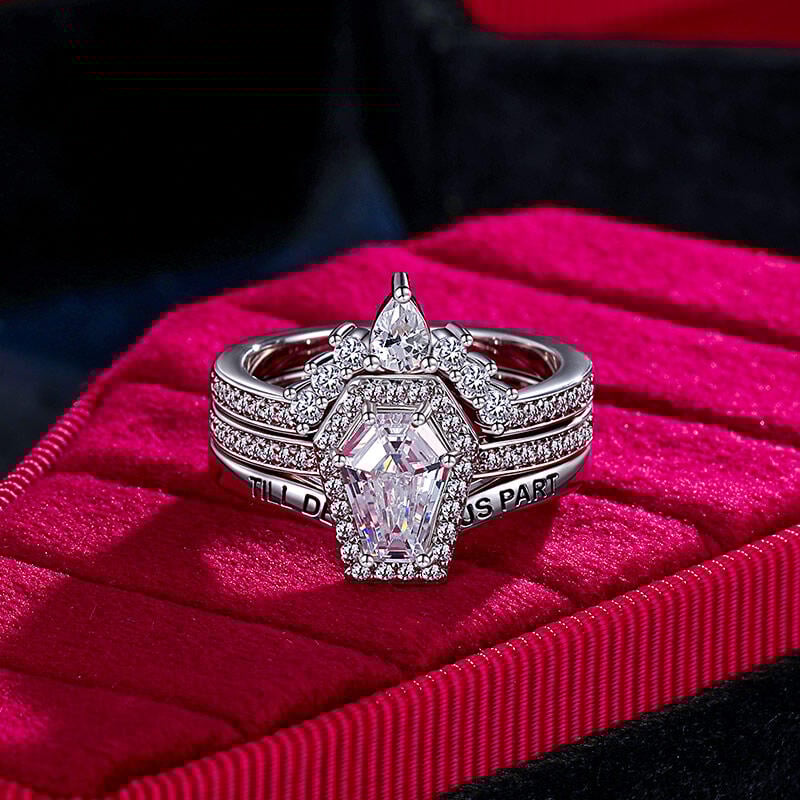 Gothic Coffin Cut Halo Engagement Ring Set