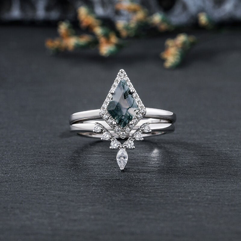 Halo Engagement Ring Moss Agate