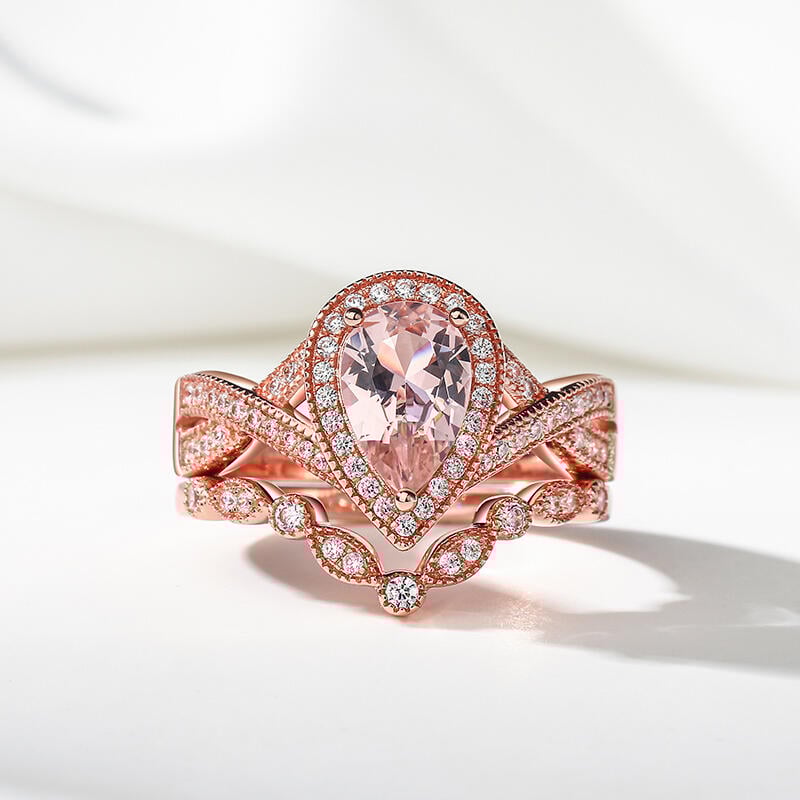 Halo Pear Cut Synthetic Morganite Ring Set