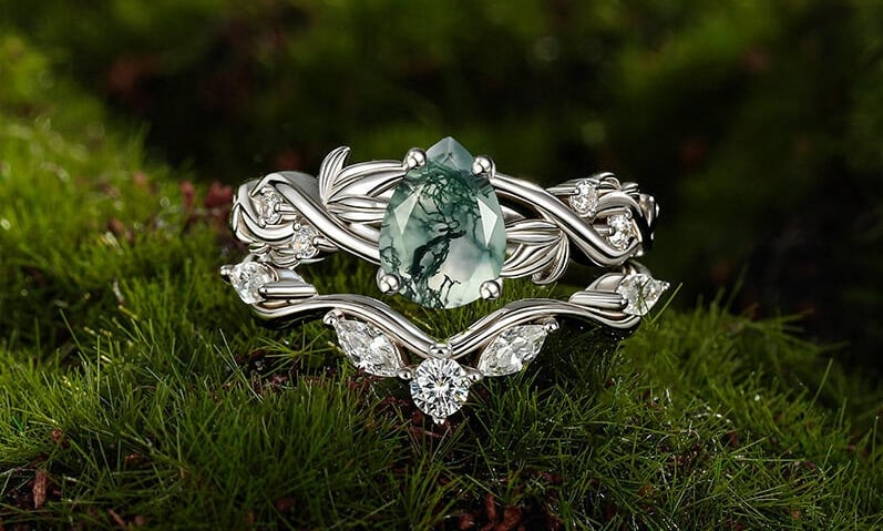 Leaf Engagement Ring Moss Agate