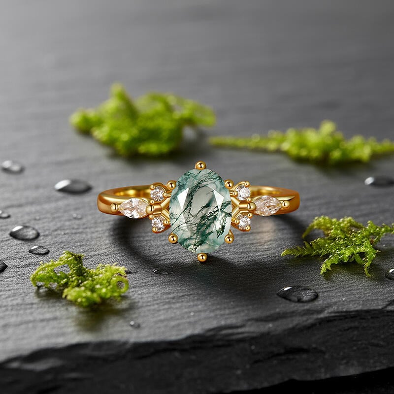 Oval Moss Agate Engagement Ring