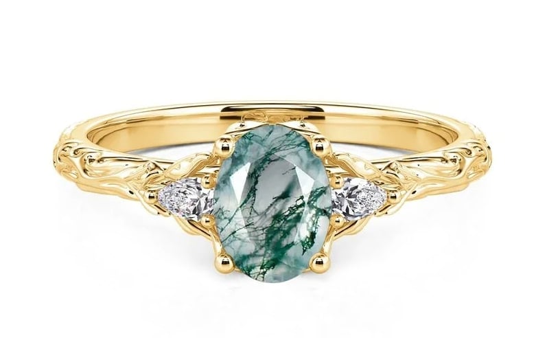 Oval Three Stone Engagement Ring Moss Agate