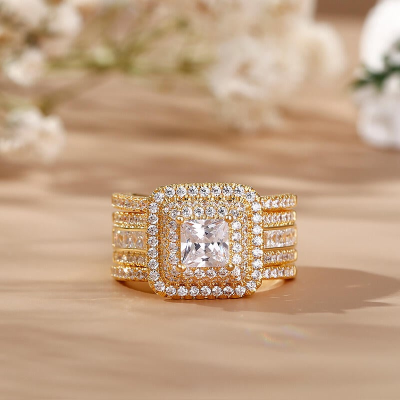 Princess Cut Three Halo Engagement Ring Set