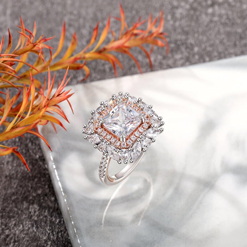 Radiant Cut Double Halo Two Tone Engagement Ring