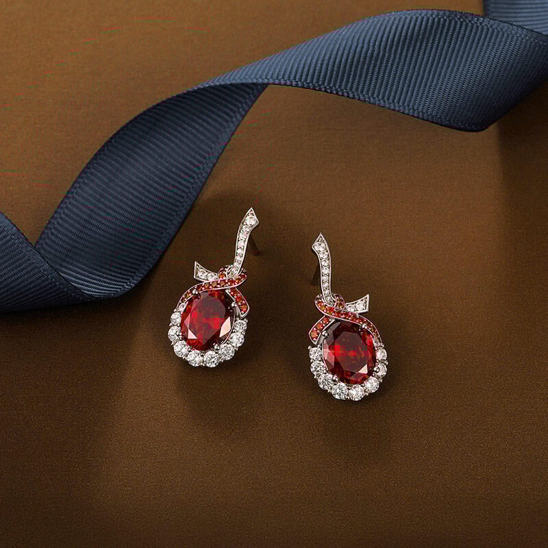 Red Ribbon Wrapped Oval Cut Drop Earrings