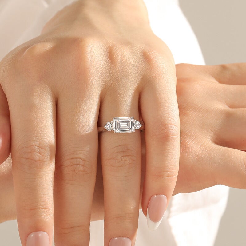 Simple Three Stone Emerald Cut Moissanite Engagement Ring