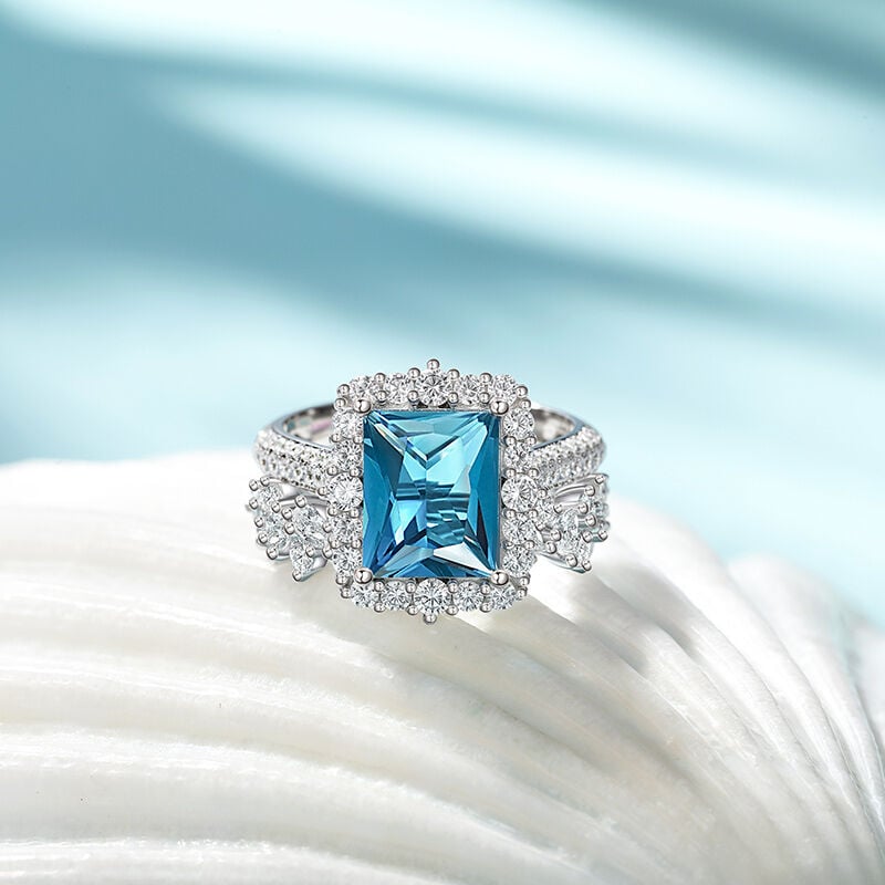 Vintage Cubic Leaf Halo Aquamarine Ring Set