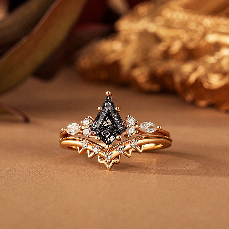 Kite Cut Black Rutilated Quartz Ring Set