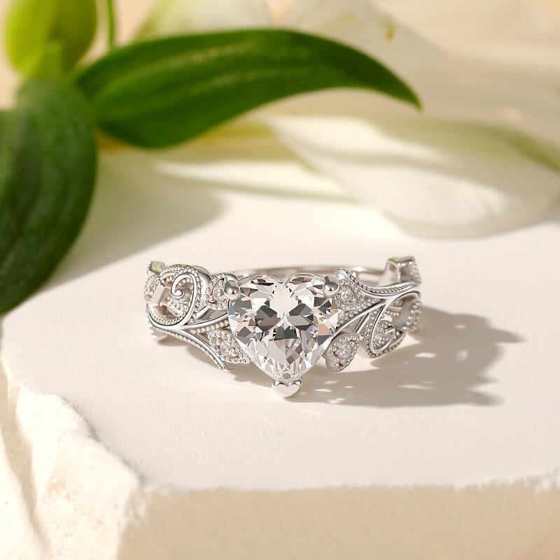 Leaf Milgrain Heart Engagement Ring