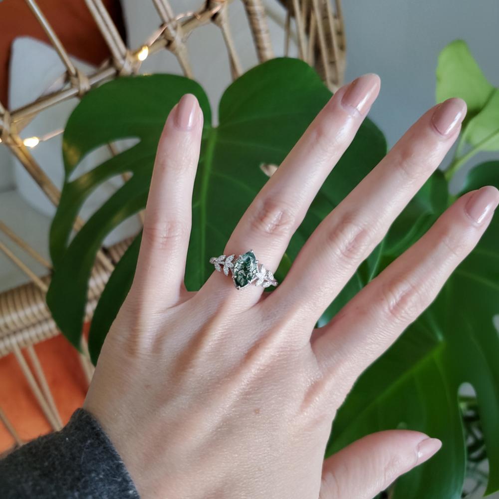 Marquise Cut Moss Agate Engagement Ring