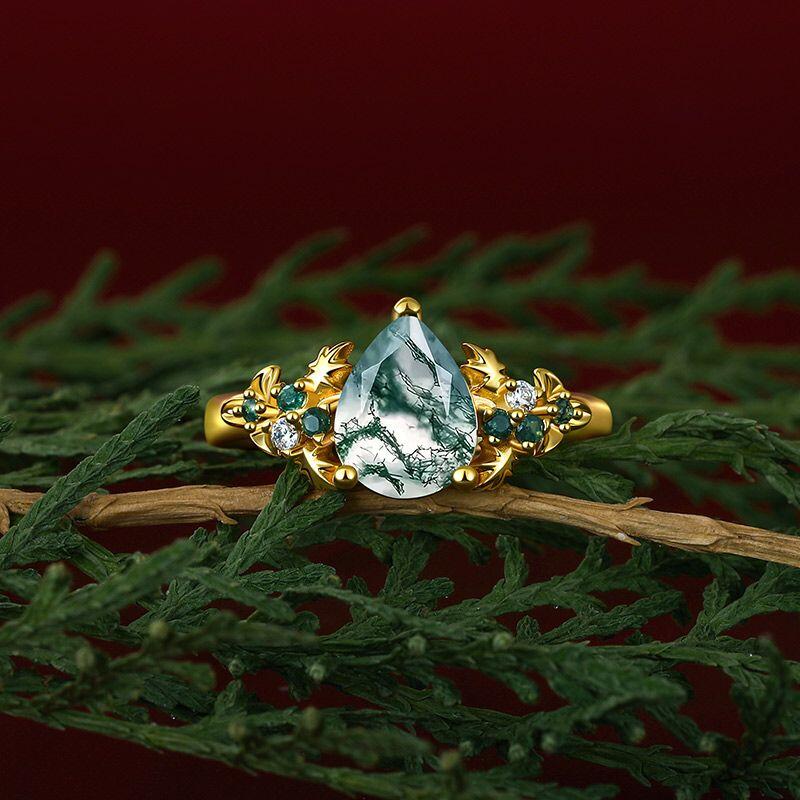 Pear Shaped Moss Agate Engagement Ring