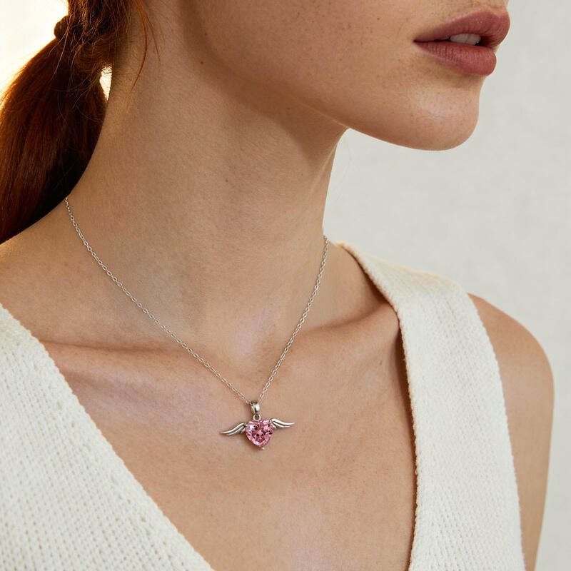 Angel Wings Pink Heart Necklace
