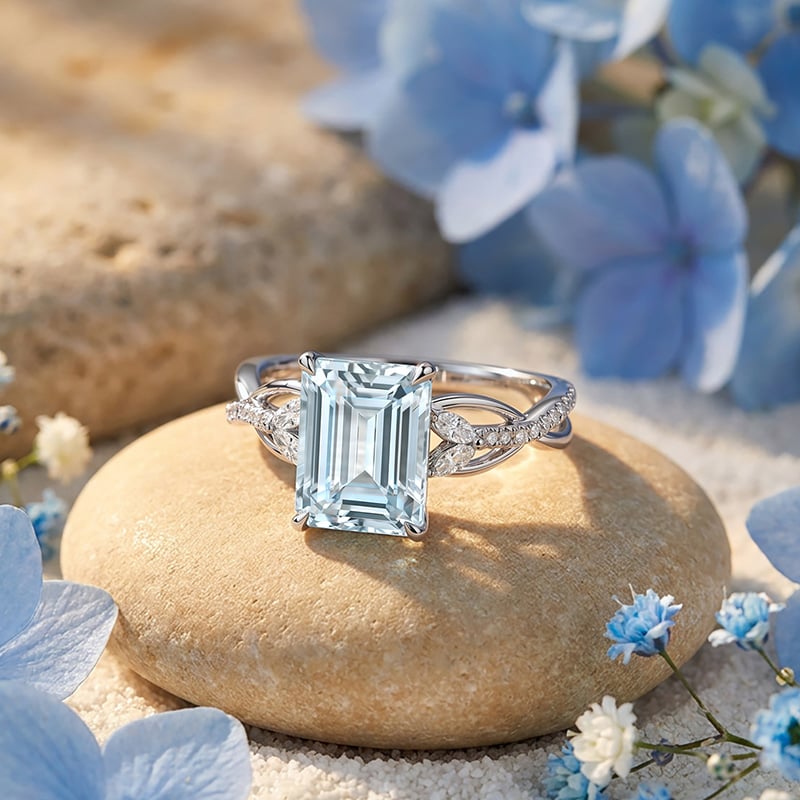 Emerald Cut Lab-Grown Aquamarine Engagement Ring 