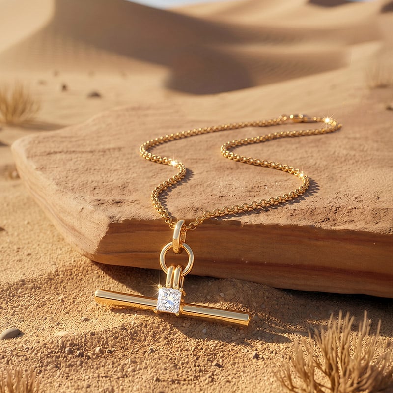 Gold T Bar Necklace with Square Stone