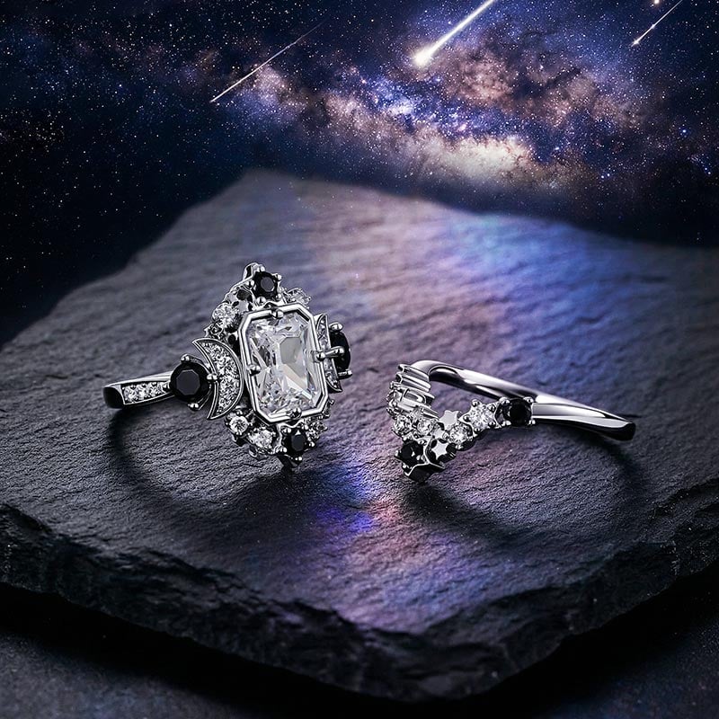 Gothic Star Moon Radiant Cut Bridal Ring Set