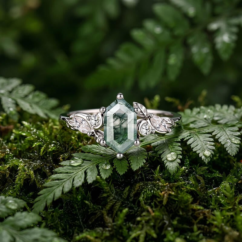 Hexagon Moss Agate Engagement Ring 