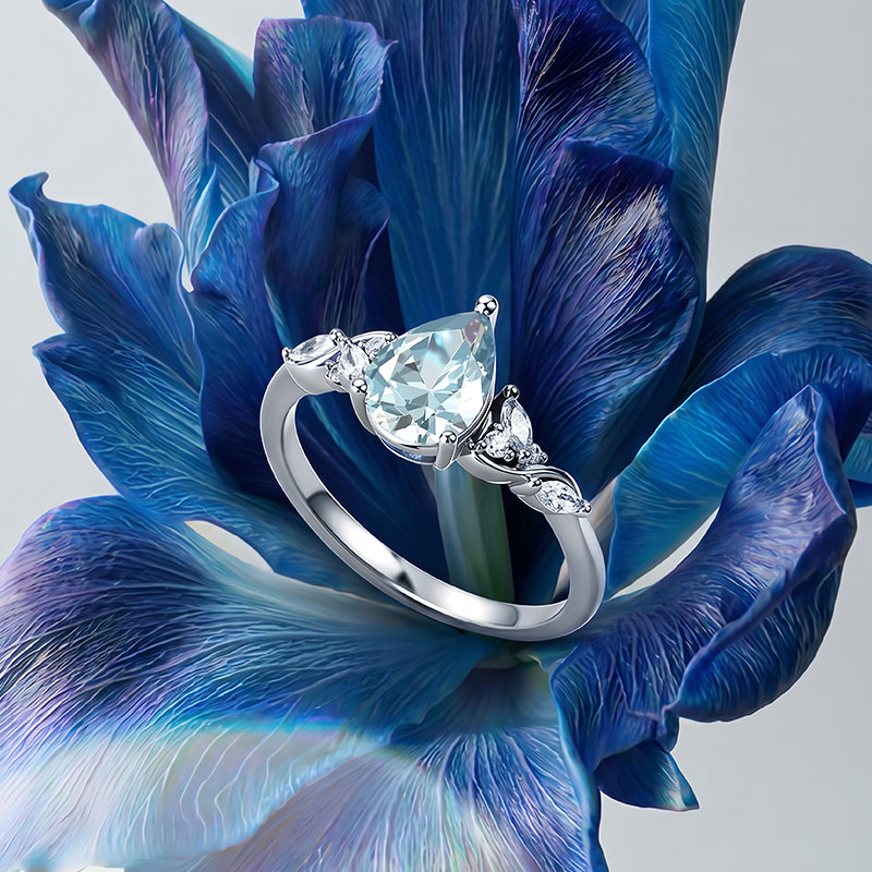 Pear Cut Lab Grown Aquamarine Engagement Ring