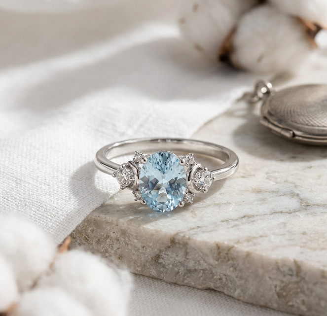 Oval Cut Lab-Grown Aquamarine Three Stone Engagement Ring