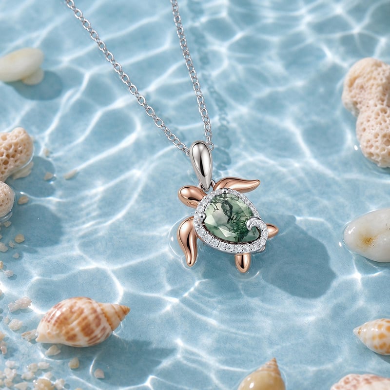 Two Tone Turtle Necklace with Moss Agate