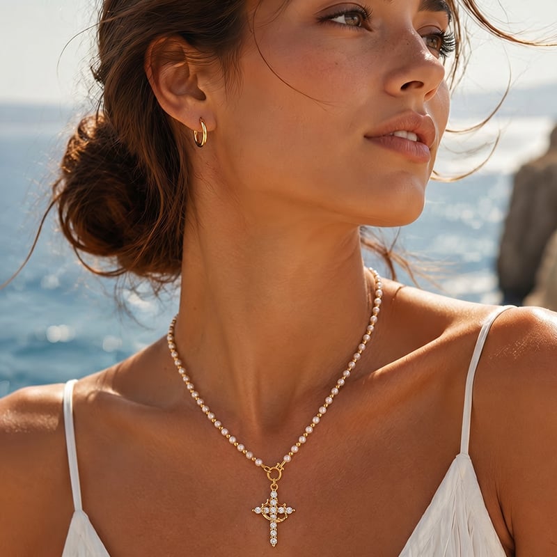 Cross and Crown Pendant Pearl Necklace