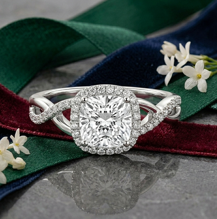 1 Carat Cushion Halo Lab Diamond Engagement Ring
