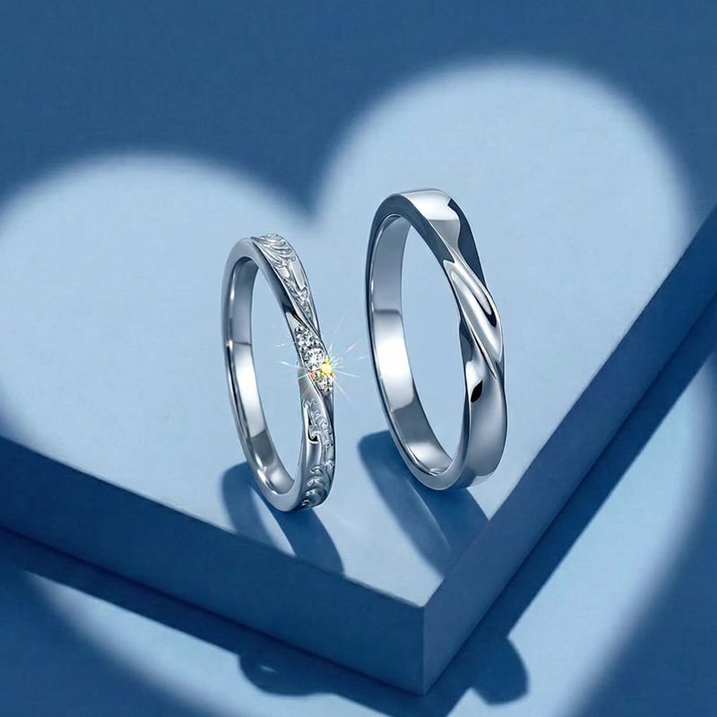 Engraved Three Stone Couple Rings