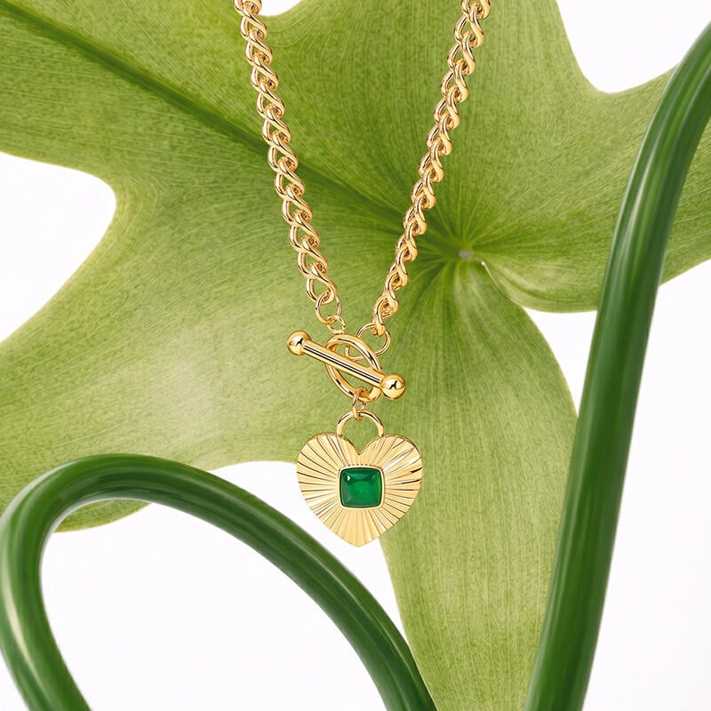 Gold Green Heart T-Bar Necklace