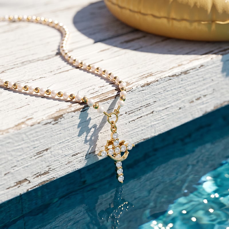 Gold Pearl Chain Cross and Crown Necklace