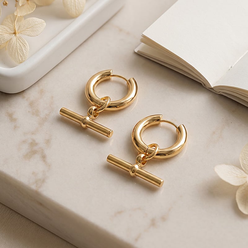 Gold T Bar Hoop Earrings
