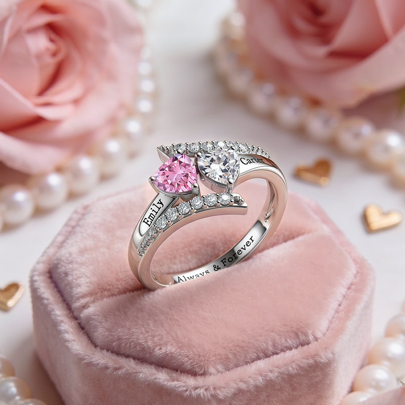 2 Hearts Promise Ring with Birthstone and Engraving