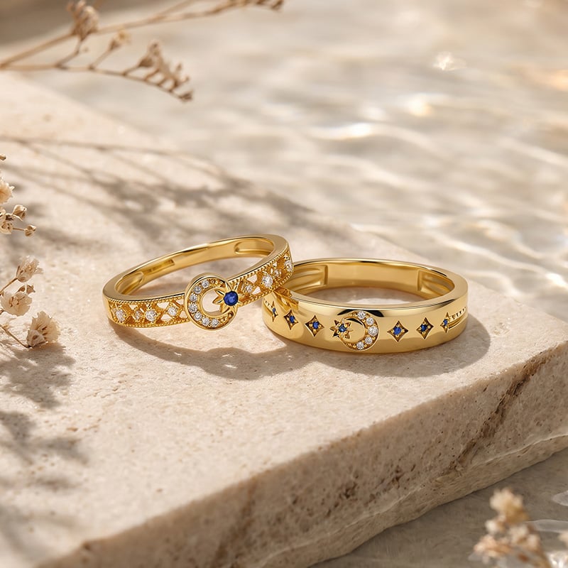 Moon and Star Couple Ring Set