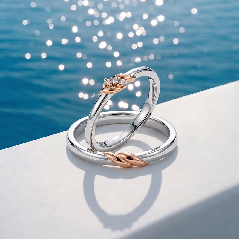 Two Tone Three Stone Couple Ring Set