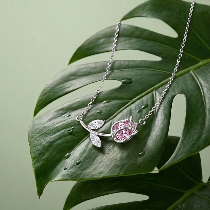 Blossom Tulip Necklace with Pink Stone