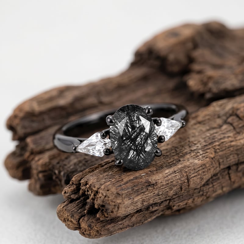 Gothic Oval Black Rutilated Quartz Three Stone Ring