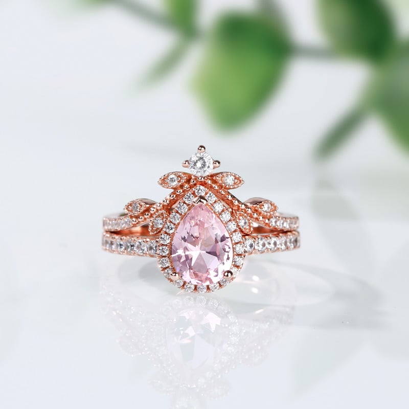 Pear Cut Halo Morganite Ring Set