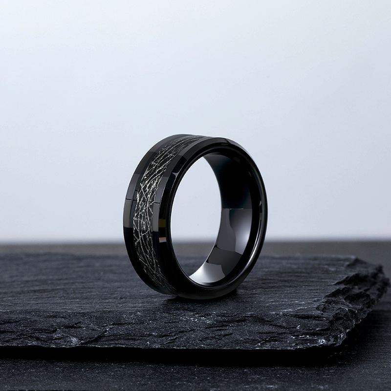 Meteorite Pattern Black Tungsten Ring for Men