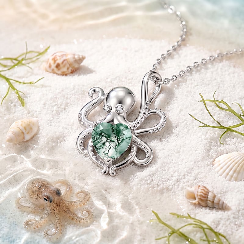 Octopus Necklace with Heart Moss Agate