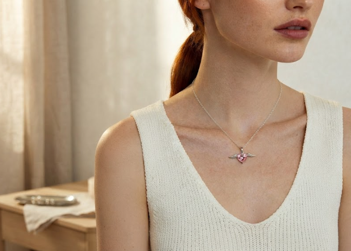 Pink Heart Angel Wing Neckalce