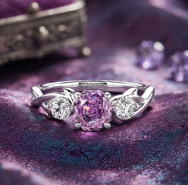 Purple Rose Cut Three Stone Engagement Ring