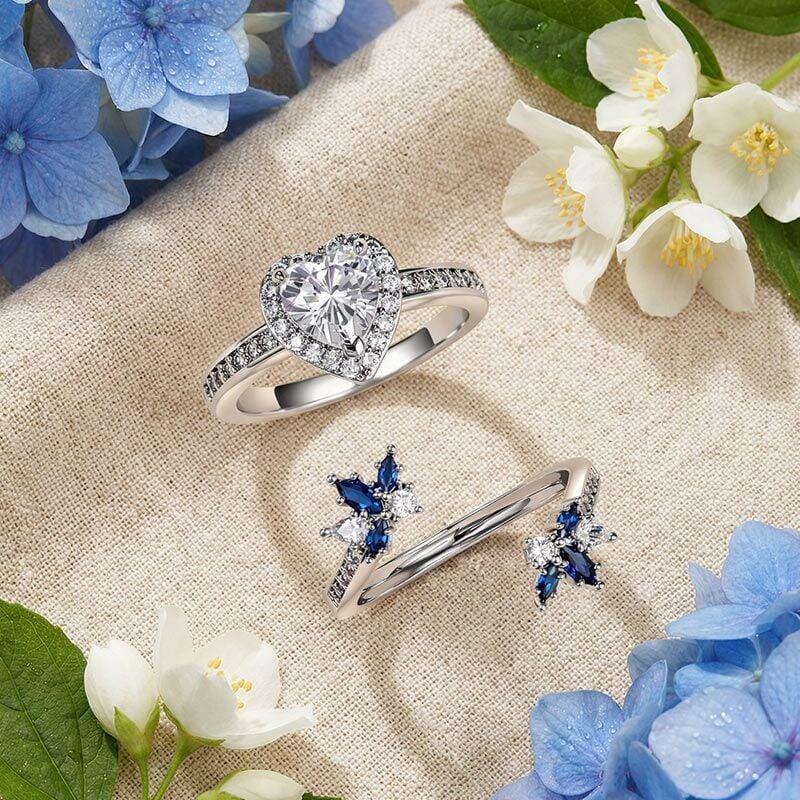 Stackable Leaf Heart Halo Ring Set