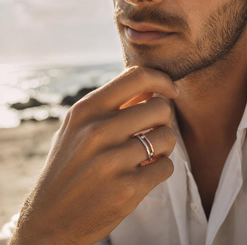 Two Tone Men's Double Band Promise Ring with Stone