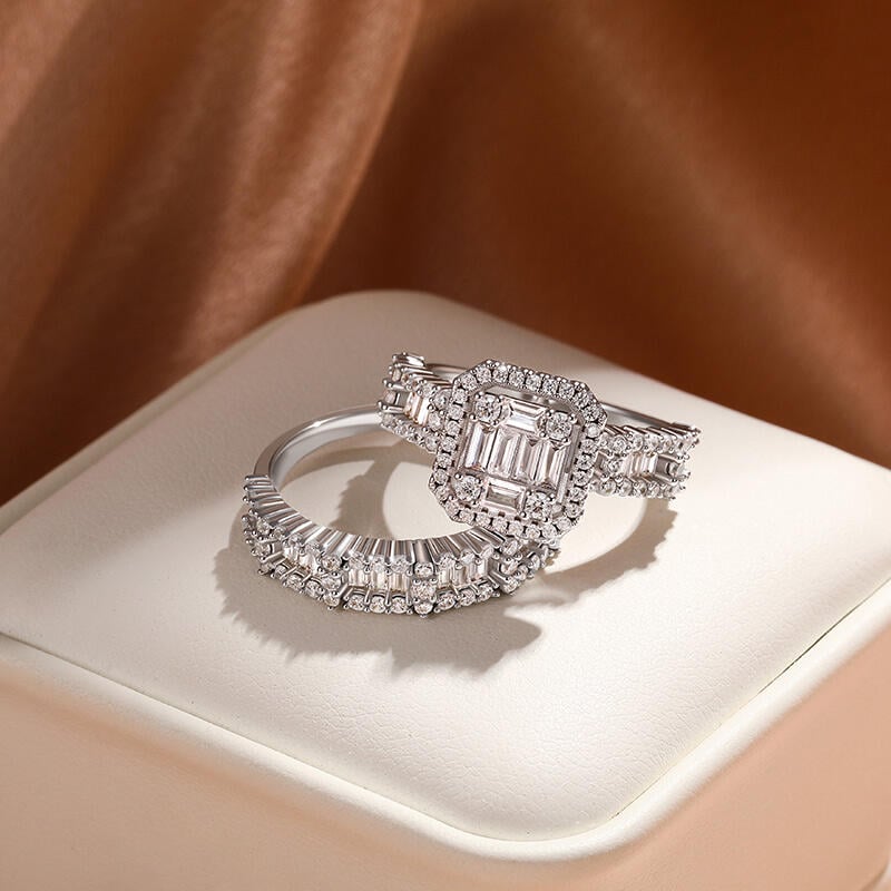 Vintage Multi-Stone Baguette Cut Halo Bridal Set